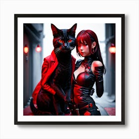 Black Cat And Girl Art Print