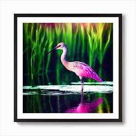 Pink Wading Bird alongside Lush Green Aquatic Grass Art Print