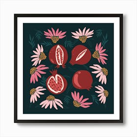 Pomegranates and coneflowers Art Print