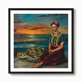 Frida Kahlo With Sea Turtle. Animal Conservation Series Art Print