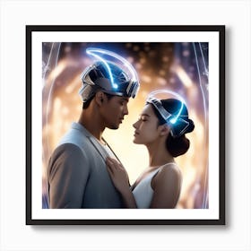 Man And Woman In A Futuristic Helmet Art Print