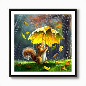 Squirrel With A Leafy Umbrella Art Print