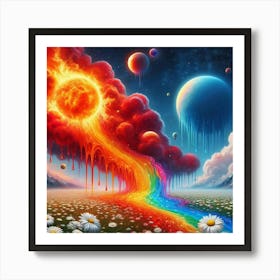 A Red Cloud, Blue Rainbow And Fiery Planets Melting Over A Field Of Daisies 3 Art Print