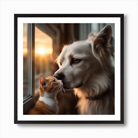 Cat And Dog Kissing At Sunset Art Print