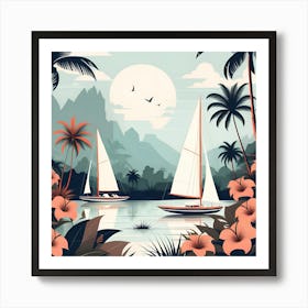 Tropical Landscape With Sailboats Art Print