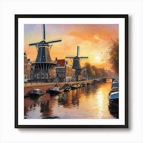 Sketching Amsterdam S Windmills At Sunset, Capturing The Essence Of Dutch Life Style Windmill Sunset Impressionism Art Print 3 Art Print