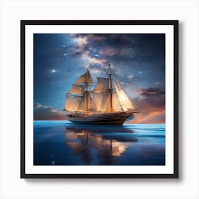 Sailing Ship At Night Art Print