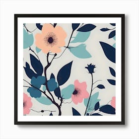 Flowering Branches & Leaves, Coral, Pink, Navy & Beige Art Print