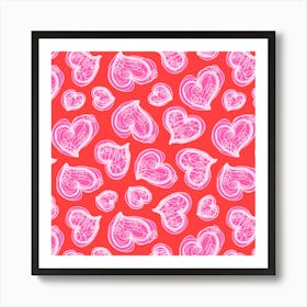 SCRIBBLE HEARTS Lovecore Valentines Kitsch Love in Fuchsia Hot Pink on Red Art Print