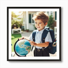 Boy In School Uniform With A Globe Art Print