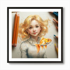 Girl With Goldfish 1 Art Print