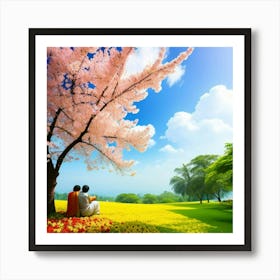 Two People Sitting Under A Cherry Tree Art Print