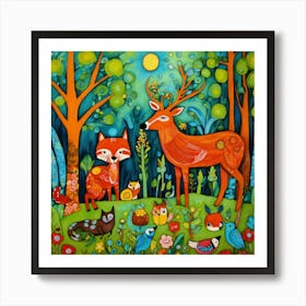 Art Drawing Forest And Animals Scene Folk Art Styl Art Print