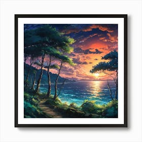 Serene Sunset Over Sparkling Ocean Viewed From a Lush Coastal Forest Path Art Print