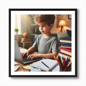 Boy Working On Laptop At Home 1 Art Print