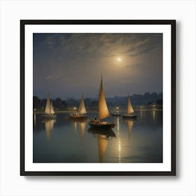 Sailboats At Night Art Print