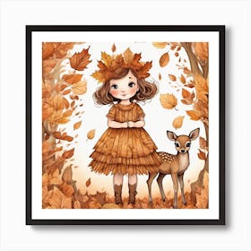 Beautiful Little Girl Autumna Dress Made Of Leaveswith A Beautiful Fawnmagicallyrefined Detaile Art Print