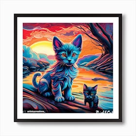 Blue Kittens At Sunset Art Print