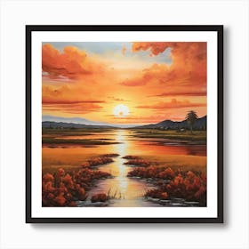 Sunset Over The River \ Acrylic colours Art Print