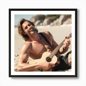 Man Playing Guitar On Beach Art Print