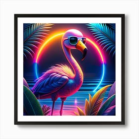 A Flamingo Wearing Sunglasses In A Neon Tropical Landscape 1 Art Print