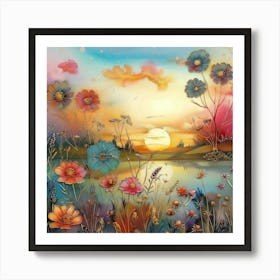 Sunset With Flowers 4 Art Print