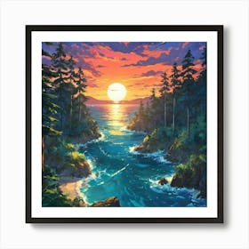 Serene Sunset Over Enchanted Coastline With Lush Forest and Calming Sea Art Print