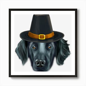 Flat Coated Retriever Wearing Pilgrim Hat Thanksgiving Art Print