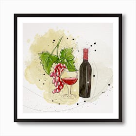 Watercolor Wine Bottle And Grapes Art Print