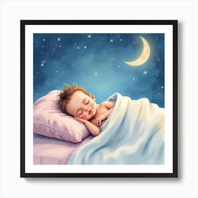 Watercolor Baby Sleeping In A Cozy Bed Under A Dreamy Pastel Night Sky Art Print