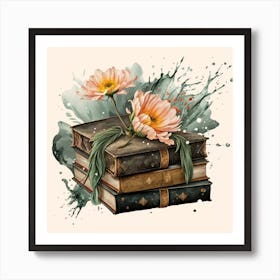 Best books and flowers on watercolor background 5 Art Print