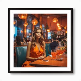 Beautiful Woman In Orange Dress In A Restaurant 1 Art Print