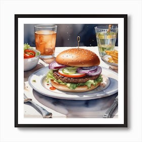 Burger On Plate On Table Watercolor Trending On Artstation Sharp Focus Studio Photo Intricate D (15) Art Print