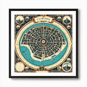 A Vintage Map, Of A Historic City With Ornate Borders And Labels art print 11 Art Print