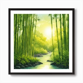 A Stream In A Bamboo Forest At Sun Rise Square Composition 102 Art Print