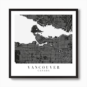 Vancouver Canada Minimal Black Mono Street Map  Square Art Print