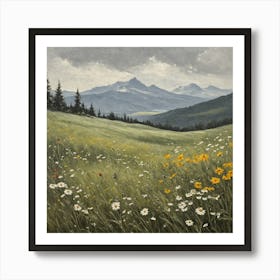 vintage oil painting of wild flowers in a meadow, mountains in the background 10 Art Print