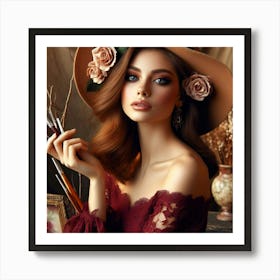 طباعة فنية لامرأة جميلة ترتدي قبعة  Art Print