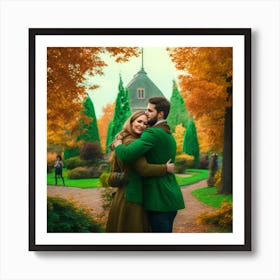 Autumn Couple Hugging In The Park Art Print