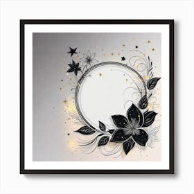 Floral Frame, black flower, yellow glow  Art Print