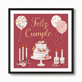 Feliz cumple and Feliz cumpleaños sign means Happy Birthday in Spanish language, Birthday party celebration gift with birthday cake candle colorful balloons best congratulation over light background wall artFeliz Cumple 16 Art Print