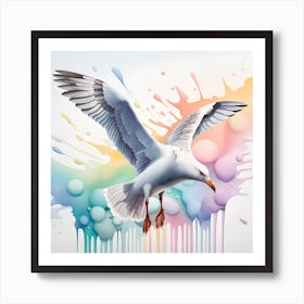 Seagull Flying In The Sky Watercolor Dripping Art Print