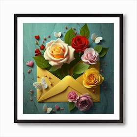 An open red and yellow letter envelope with flowers inside and little hearts outside 19 Art Print