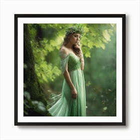 Beautiful Woman In Green Dress In The Forest 1 Art Print