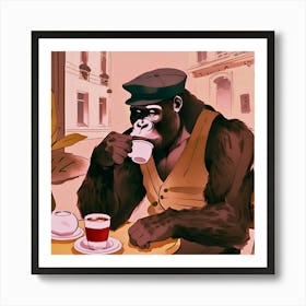 Gorilla Sipping Coffee - French Bistro - World Traveler Art Print