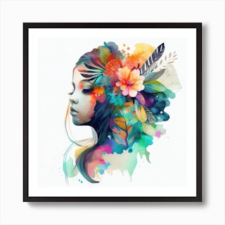 Watercolor Floral Woman IX - Chromatic Fusion Studio Canvas Art Print ( People > portraits > Floral portraits art) - 12x12 in