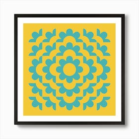 Midcentury Modern Abstract Geometric Flower Pattern Floral in blue teal mustard 1 Poster