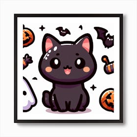 Cute Halloween black Cat - kawaii, anime, cartoon, pumpkin Art Print