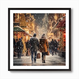 Christmas Couple Walking In The Snow Art Print