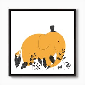 Yellow Elephant In A Top Hat Square Art Print